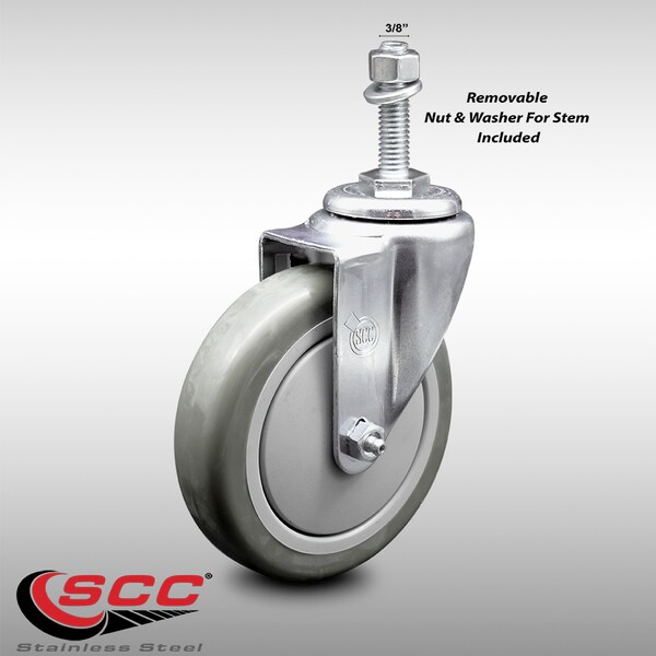 5 Inch SS Gray Polyurethane Wheel Swivel 3/8 Inch Threaded Stem Caster SCC